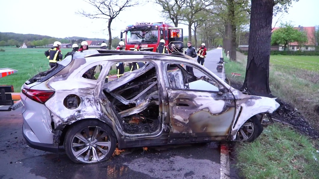 E-Auto fährt gegen Baum und geht in Flammen auf: Zwei Menschen sterben, Ersthelfer retten Kind